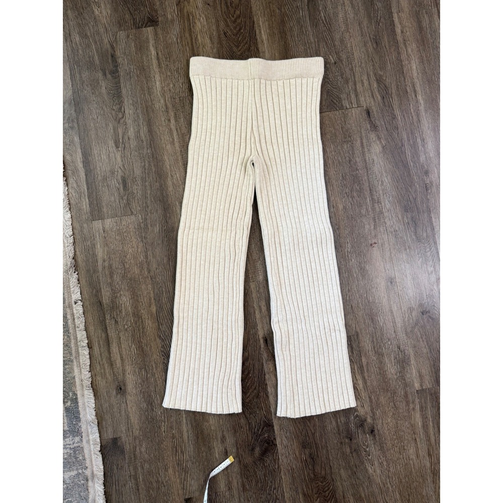 Mazik Cream Ribbed Knit Pants Straight Leg High Waisted Lounge Trousers‎  Large